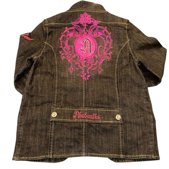 Akademiks Logo Jean Painted Jacket “A” Sz 14, pink embroidered, rose, sparkle - Picture 2 of 11